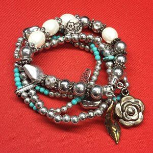 Metal Turquoise Beads Multilayered Bracelet Flower Leaf Pendant Charm Bangle